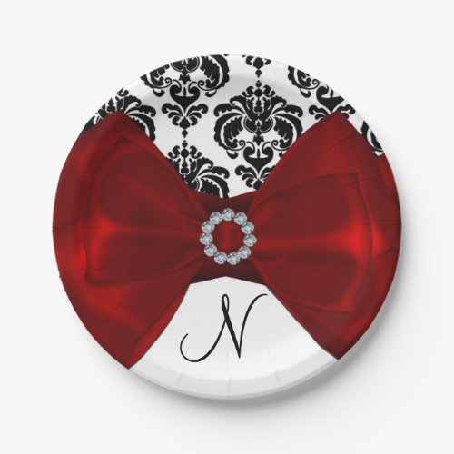 Black  White Damask Red Bow Glam Sweet 16 Party Paper Plates