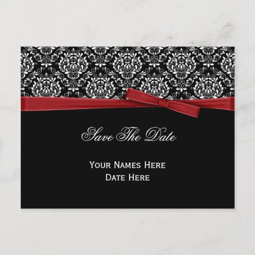 Black White Damask Red Bow Ribbon Save The Date Announcement Postcard