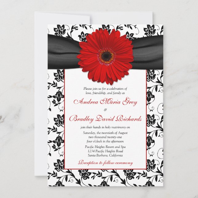 Black White Damask Red Daisy Wedding Invitation (Front)