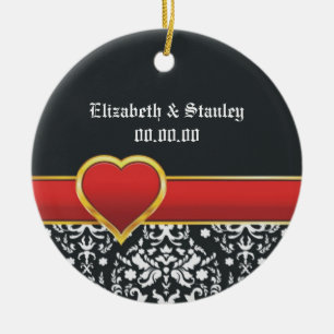 Black white damask red heart wedding Save the Date Ceramic Ornament