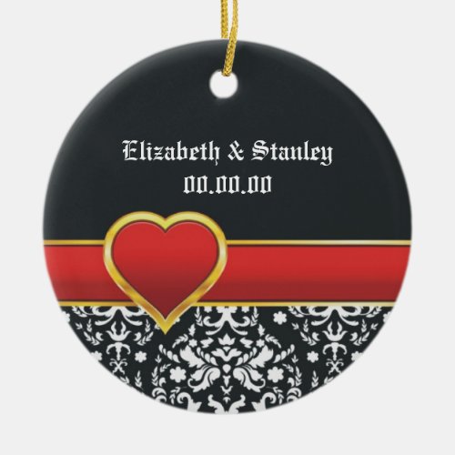 Black white damask red heart wedding Save the Date Ceramic Ornament