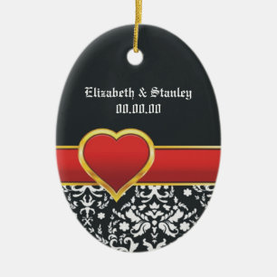 Black white damask red heart wedding Save the Date Ceramic Ornament