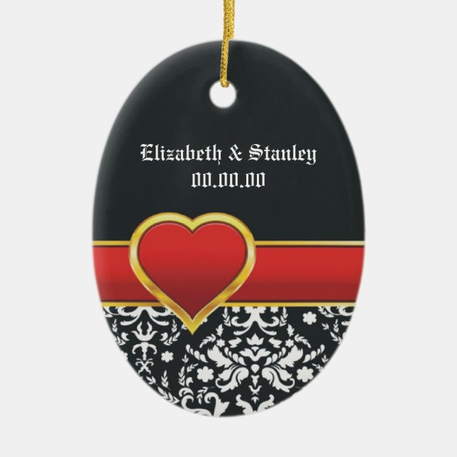 Black white damask red heart wedding Save the Date Ceramic Ornament (Front)