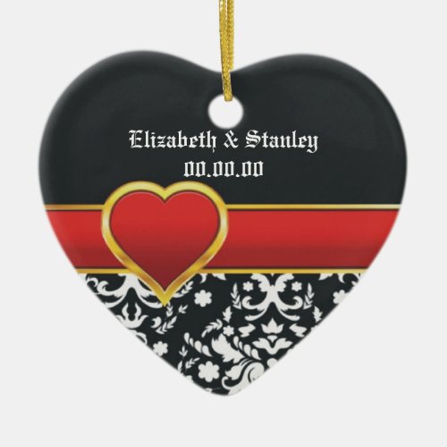 Black white damask red heart wedding Save the Date Ceramic Ornament