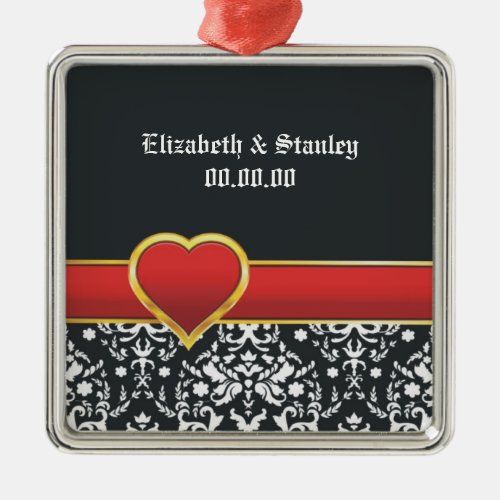 Black white damask red heart wedding Save the Date Metal Ornament