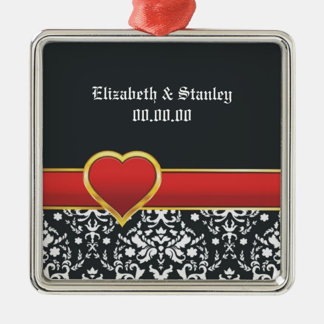 Black white damask red heart wedding Save the Date Metal Ornament (Front)