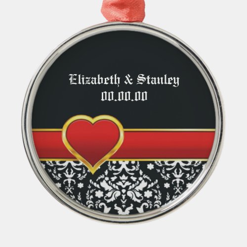 Black white damask red heart wedding Save the Date Metal Ornament