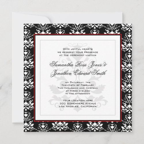 Black  White Damask Red Photo Wedding Invitation