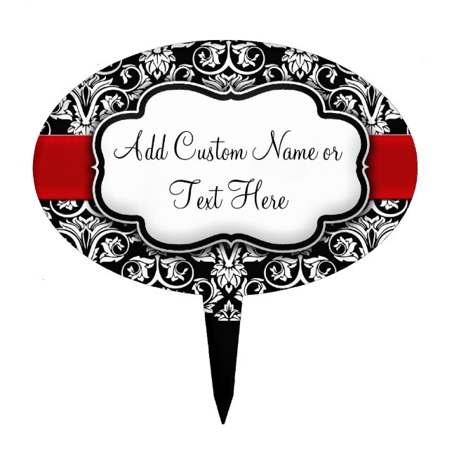 Black/White Damask Red Ribbon Cake Topper (Front)