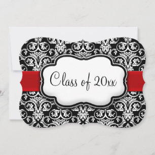 Black/White Damask Red Ribbon Graduation Invitation