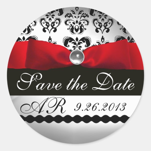 BLACK & WHITE DAMASK  RED RIBBON MONOGRAM Gemstone Classic Round Sticker (Front)
