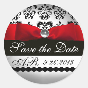 BLACK & WHITE DAMASK  RED RIBBON MONOGRAM Gemstone Classic Round Sticker