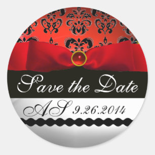 BLACK & WHITE DAMASK  RED RIBBON MONOGRAM Gemstone Classic Round Sticker