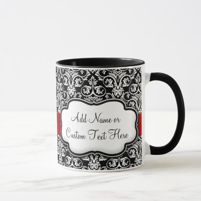 Black/White Damask Red Ribbon Mug (Right)
