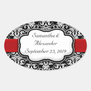 Black/White Damask Red Ribbon Oval Sticker