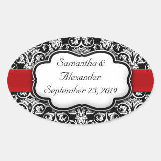 Black/White Damask Red Ribbon Oval Sticker