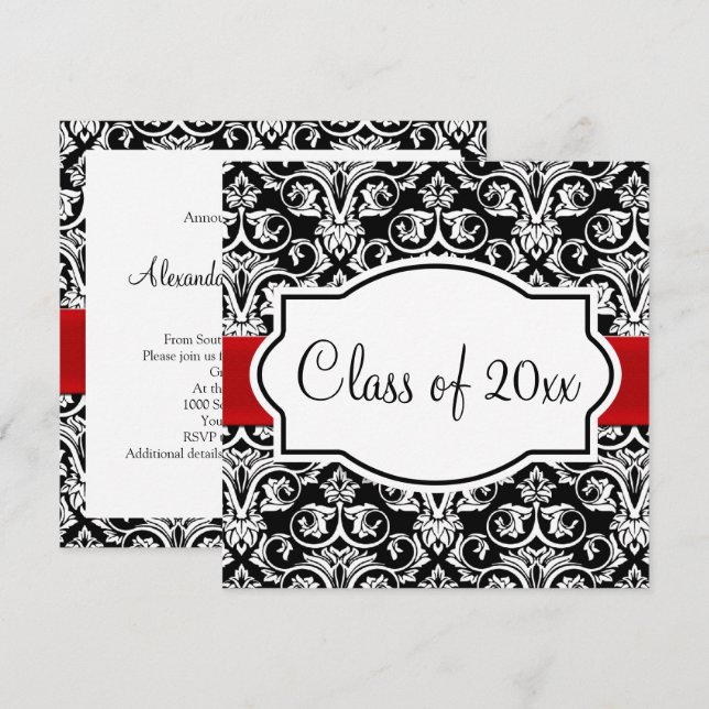 Black/White Damask Red Ribbon Square Graduation Invitation (Front/Back)