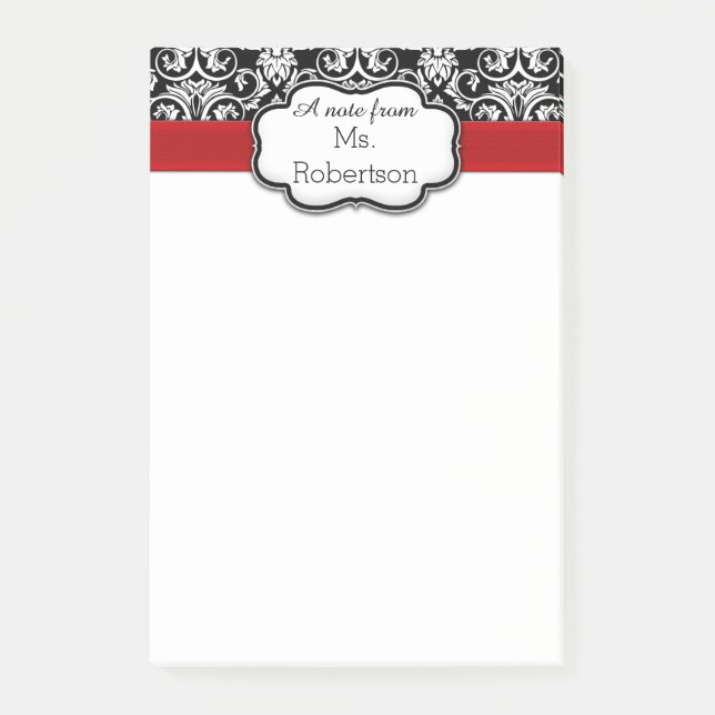 Black/White Damask Red Ribbon Teacher/Women's Post-it Notes (Front)