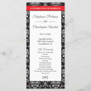 Black White Damask Red Ribbon Wedding Program