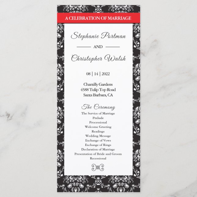 Black White Damask Red Ribbon Wedding Program (Front)