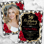 Black White Damask Red Roses Photo 50th Birthday Invitation<br><div class="desc">Elegant floral feminine 50th birthday invitation with your photo at the back of the card. Glam black white red design with faux glitter gold. Features black and white damask pattern, red roses, script font and confetti. Perfect for a stylish adult bday celebration party. Personalise with your own details. Can be...</div>