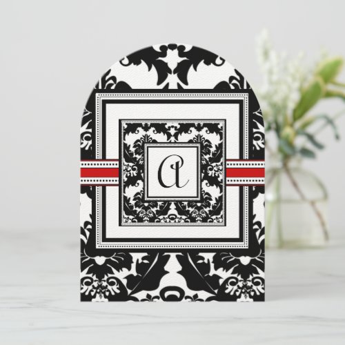 Die Cut Black Damask Red Trim Wedding Invitation