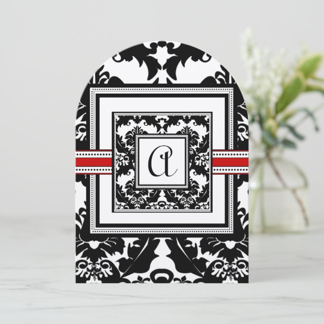  Black & White Damask Red Trim Monogram Wedding Invitation (Standing Front)