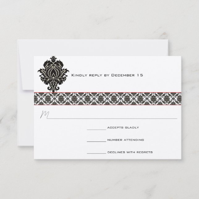 Black & White  Damask  Red Trim Wedding Response (Front)