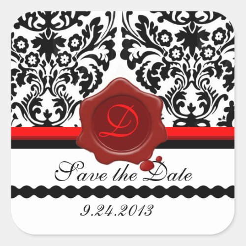 BLACK WHITE DAMASK RED WAX SEAL MONOGRAM