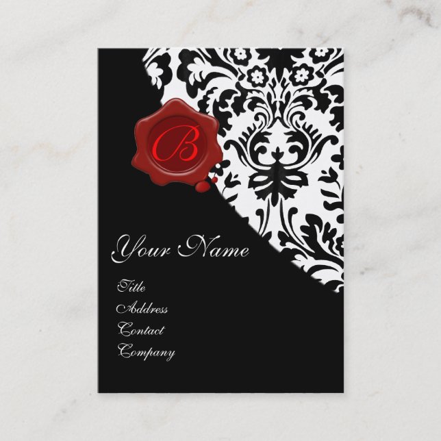 BLACK WHITE DAMASK RED WAX SEAL MONOGRAM BUSINESS CARD (Front)