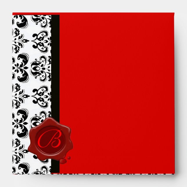 BLACK WHITE DAMASK RED WAX SEAL MONOGRAM ENVELOPE (Front)