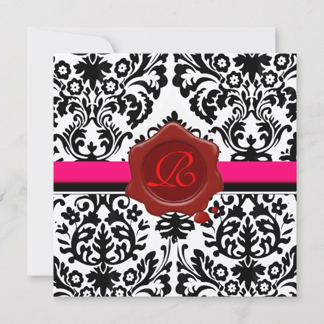 BLACK & WHITE DAMASK, RED WAX SEAL MONOGRAM Gold Invitation (Front)