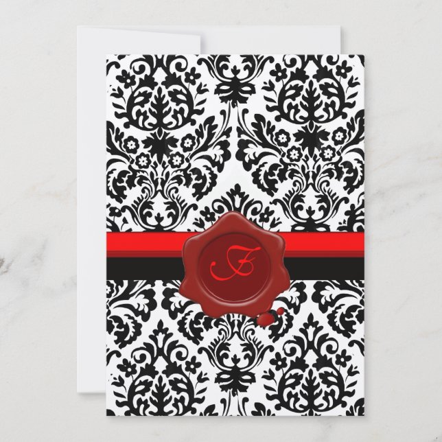 BLACK & WHITE DAMASK, RED WAX SEAL MONOGRAM GOLD INVITATION (Front)