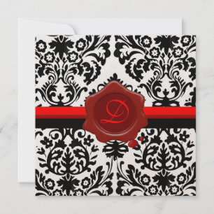 BLACK & WHITE DAMASK, RED WAX SEAL MONOGRAM INVITATION