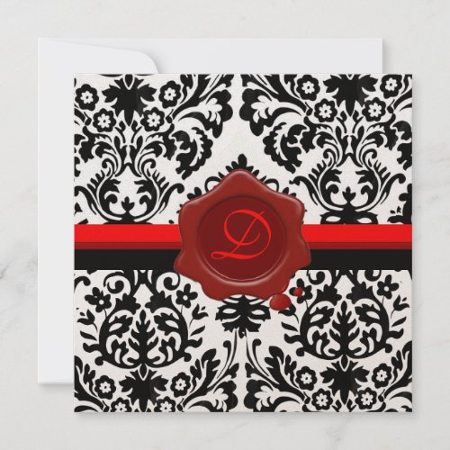 BLACK  WHITE DAMASK RED WAX SEAL MONOGRAM INVITATION