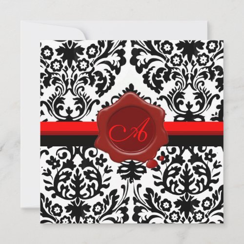 BLACK  WHITE DAMASK RED WAX SEAL MONOGRAM INVITATION