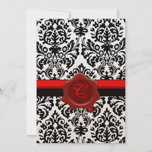 BLACK  WHITE DAMASK RED WAX SEAL MONOGRAM INVITATION