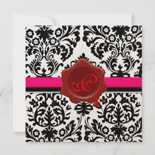 BLACK  WHITE DAMASK RED WAX SEAL MONOGRAM INVITATION