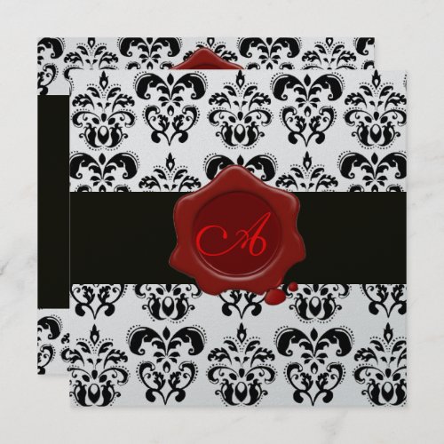 BLACK  WHITE DAMASK RED WAX SEAL MONOGRAM Silver Invitation