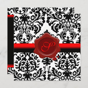 BLACK & WHITE DAMASK, RED WAX SEAL MONOGRAM SILVER INVITATION