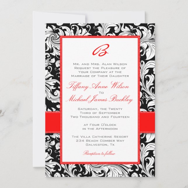 Black white damask red wedding invitation (Front)