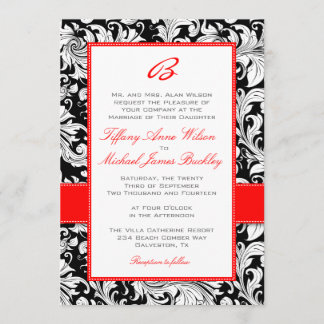 Black white damask red wedding invitation