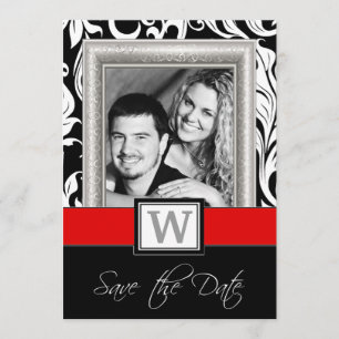 Black White Damask & Red Wedding Save the Dates Date