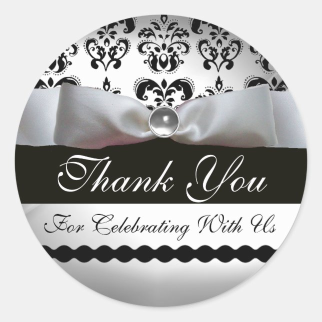 BLACK & WHITE DAMASK RIBBON Gemstone Classic Round Sticker (Front)