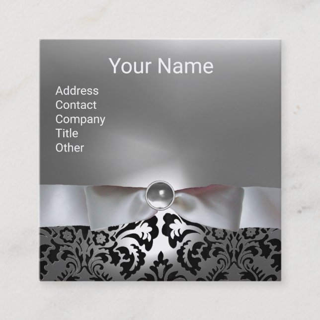 BLACK WHITE DAMASK RIBBON ,GREY GEMSTONE MONOGRAM SQUARE BUSINESS CARD (Front)