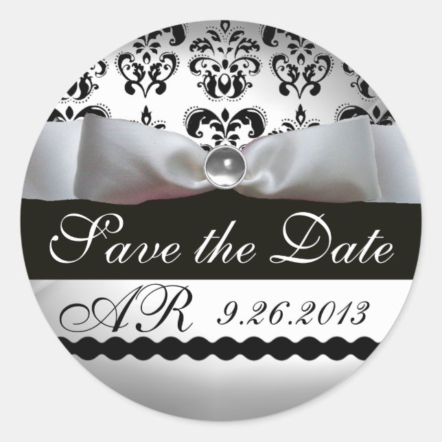 BLACK & WHITE DAMASK RIBBON MONOGRAM Gemstone Classic Round Sticker (Front)