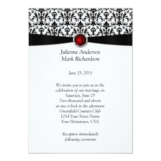 Black White Damask Ruby Gemstone Wedding Invitatio ...