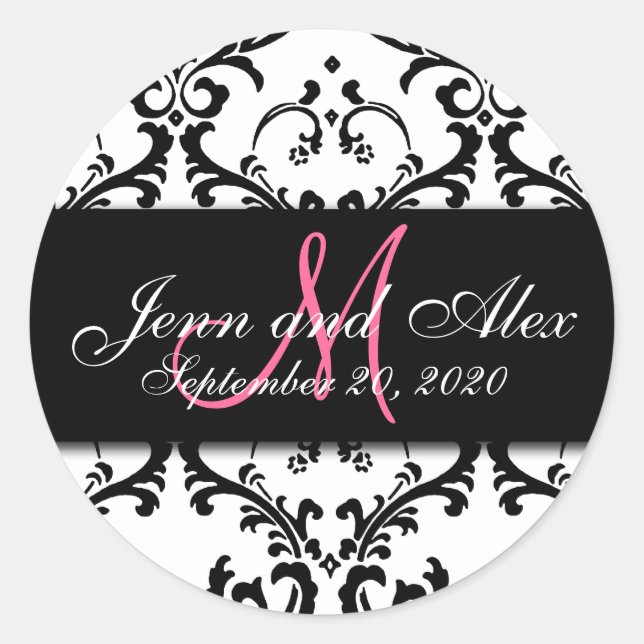 Black White Damask Save the Date Sticker (Front)