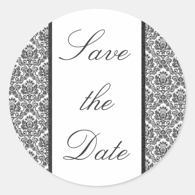 Black & White Damask Save the Date Sticker/Seal Classic Round Sticker (Front)