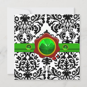 BLACK WHITE DAMASK,SHAMROCK,RED WAX SEAL MONOGRAM INVITATION